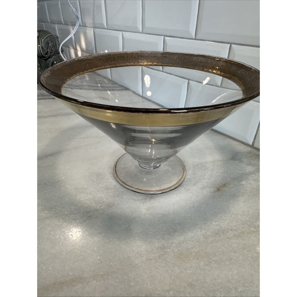 Vintage Glass Footed Compote Bowl Gold Scrolling on Rim